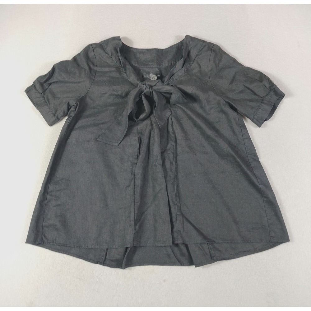 Grace Elements Blouse Womens 12 Black Linen Tunic Short Sleeve Bow Pleated
